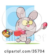 Poster, Art Print Of Hyper Purple Bunny Rabbit With Its Tongue Hanging Out Running And Holding Up An Egg And Carrying A Basket During An Easter Egg Hunt
