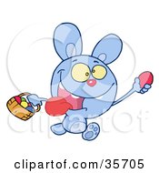 Poster, Art Print Of Blue Bunny Running And Holding Up An Egg And Carrying A Basket During An Easter Egg Hunt