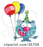 Blue Birthday Bear In A Party Hat Pointing To The Right And Holding Colorful Party Balloons