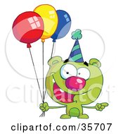Green Birthday Bear In A Party Hat Pointing To The Right And Holding Colorful Party Balloons