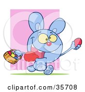 Poster, Art Print Of Hyper Blue Bunny Rabbit With Its Tongue Hanging Out Running And Holding Up An Egg And Carrying A Basket During An Easter Egg Hunt