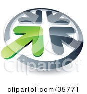 Clipart Illustration Of A Pre Made Logo Of A Green Arrow Standing Out In A Circle Of Chrome Arrows