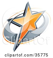 Clipart Illustration Of A Pre Made Logo Of An Orange Star In A Chrome Circle Above Space For A Business Name And Company Slogan