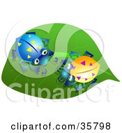 Poster, Art Print Of Blue And Yellow Ladybugs Snacking On A Green Leaf