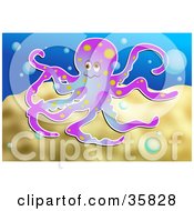 Clipart Illustration Of A Gradient Purple Octopus With Orange Spots Swimming With Bubbles Underwater by Prawny
