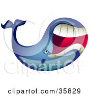 Clipart Illustration Of A Large Blue Whale Swimming With Its Mouth Open Showing Its Big Teeth