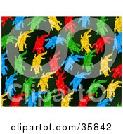 Clipart Illustration Of Red Blue Green And Yellow Alligators On A Black Background by Prawny