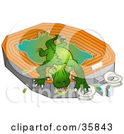 Clipart Illustration Of A Giant Green Gator Crawling Out Of A Stadium