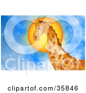 Clipart Illustration Of A Majestic Giraffe Standing Tall In Front Of The Sun In A Blue Cloudy Sky by Prawny