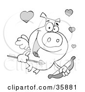 Poster, Art Print Of Black And White Cupid Pig With Flying With Hearts A Bow And Arrow