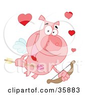 Poster, Art Print Of Pink Cupid Pig Flying With Hearts A Bow And Arrow