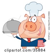 Poster, Art Print Of Friendly Waiter Pig In A Chefs Hat Serving Food On A Platter