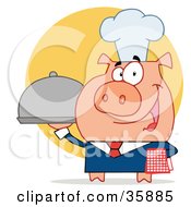 Poster, Art Print Of Nice Waiter Pig In A Chefs Hat Serving Food On A Platter Over A Yellow Circle