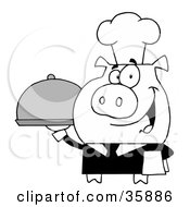 Clipart Illustration Of A Black And White Waiter Pig Serving Food On A Platter