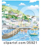 Poster, Art Print Of Coastal Town With Homes On A Hill Overlooking Boats In A Harbour