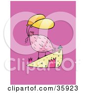 Clipart Illustration Of A Pink Chicken With Two Balloons In Its Mouth Standing Near A Coop On A Magenta Background