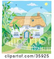 Clipart Illustration Of A Cute Cottage With A Landscaped Yard Overlooking The Coast On A Sunny Day by Lisa Arts #COLLC35925-0088