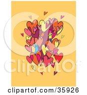 Poster, Art Print Of Caring Couple Admiring Each Other In A Cluster Of Pink Yellow And Red Hearts