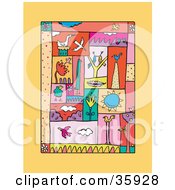 Poster, Art Print Of Colorful Collage Of Birds Pairs Feathers Nests Plants And The Sun On An Orange Background
