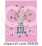 Poster, Art Print Of Crowd Of Busy Bees Flying Around A Spiraling Flower On A Pink Background