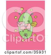Clipart Illustration Of A Farting Pig Chewing On A Daisy Flower Over A Green Oval On A Pink Background
