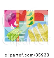 Poster, Art Print Of Corn Cobs On A Plate Over A Colorful Background With Onions Zucchini Peppers And Garlic