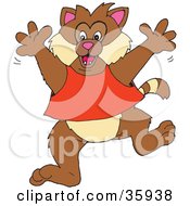 Clipart Illustration Of A Hyper Brown Cat In A Shirt Running Forward