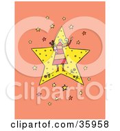 Poster, Art Print Of Female Celebrity Carrying A Bouquet And Standing On A Star Over An Orange Background