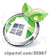 Clipart Illustration Of A Pre Made Logo Of A Shiny Round Chrome And Green Home Button With Leaves