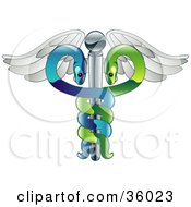 Clipart Illustration Of A Green And Blue Winged Medical Caduceus