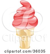 Shiny Strawberry Ice Cream On A Cone