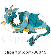 Clipart Illustration Of A Teal Dragon With An Orange Belly And Green Eyes Burping Fire by Dennis Holmes Designs
