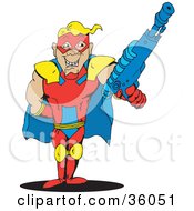 Poster, Art Print Of Blond Male Super Hero In A Yellow Blue And Red Suit Holding Up A Gun