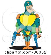 Clipart Illustration Of A Strong Male Super Hero In A Green Teal And Orange Suit Standing With Two Guns