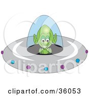 Clipart Illustration Of A Grinning Green Alien Operating The Controls Of A Flying Saucer