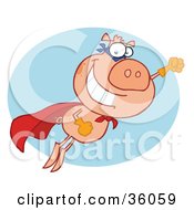 Clipart Illustration Of A Super Hero Pig In A Red Cape Flying To The Rescue by Hit Toon