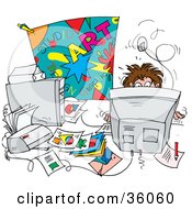 Clipart Illustration Of A Busy Man Working Behind A Computer With A Messy Desk