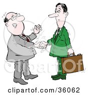 Clipart Illustration Of A Friendly Businessman Nervously Chatting While Shaking Hands With A Manager by Alex Bannykh