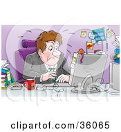 Clipart Illustration Of A Nervous Businessman Sweating While Viewing His Financial Reports At His Desk