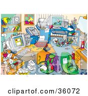 Clipart Illustration Of A Very Messy Office With Clutter And A Nude Magazine On The Desks And Floors