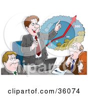 Clipart Illustration Of A Hopeful Businessman Discussing Rising Profits With Investors by Alex Bannykh