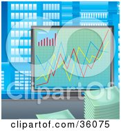 Clipart Illustration Of A Colorful Financial Chart On A Computer Screen In A Skyscraper Office
