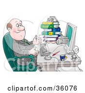 Clipart Illustration Of A Balding Businessman Accepting Books And Discs Coming Through His Computer Screen