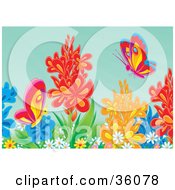 Poster, Art Print Of Colorful Butterflies Exploring In A Flower Garden