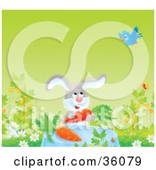 Poster, Art Print Of Blue Bird Flying Over A Bunny Dining On Carrots On A Spring Day
