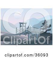 Clipart Illustration Of An Asian Footbridge Spanning Through Hills With A Full Moon Over Mountains
