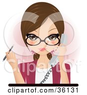 Clipart Illustration Of A Pretty Brunette Secretary Assistant Or Receptionist Holding A Phone And A Pen While Taking A Call In An Office by Melisende Vector #COLLC36131-0068