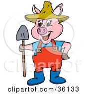 Poster, Art Print Of Pink Farmer Pig In A Hat Standing With A Shovel