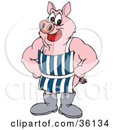 Poster, Art Print Of Muscular Pink Pig In Boots And An Apron Standing With His Hands On His Hips