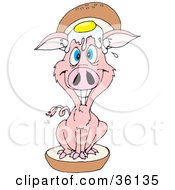 Clipart Illustration Of A Grinning Pig Sitting On A Bun With An Egg On Top Of His Head A Ham And Egg Sandwich by Dennis Holmes Designs